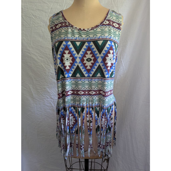 Caren Sport Tops - Vtg Southwestern Print Fringe Hem Tank Top Multicolor Racerback Boho Festival